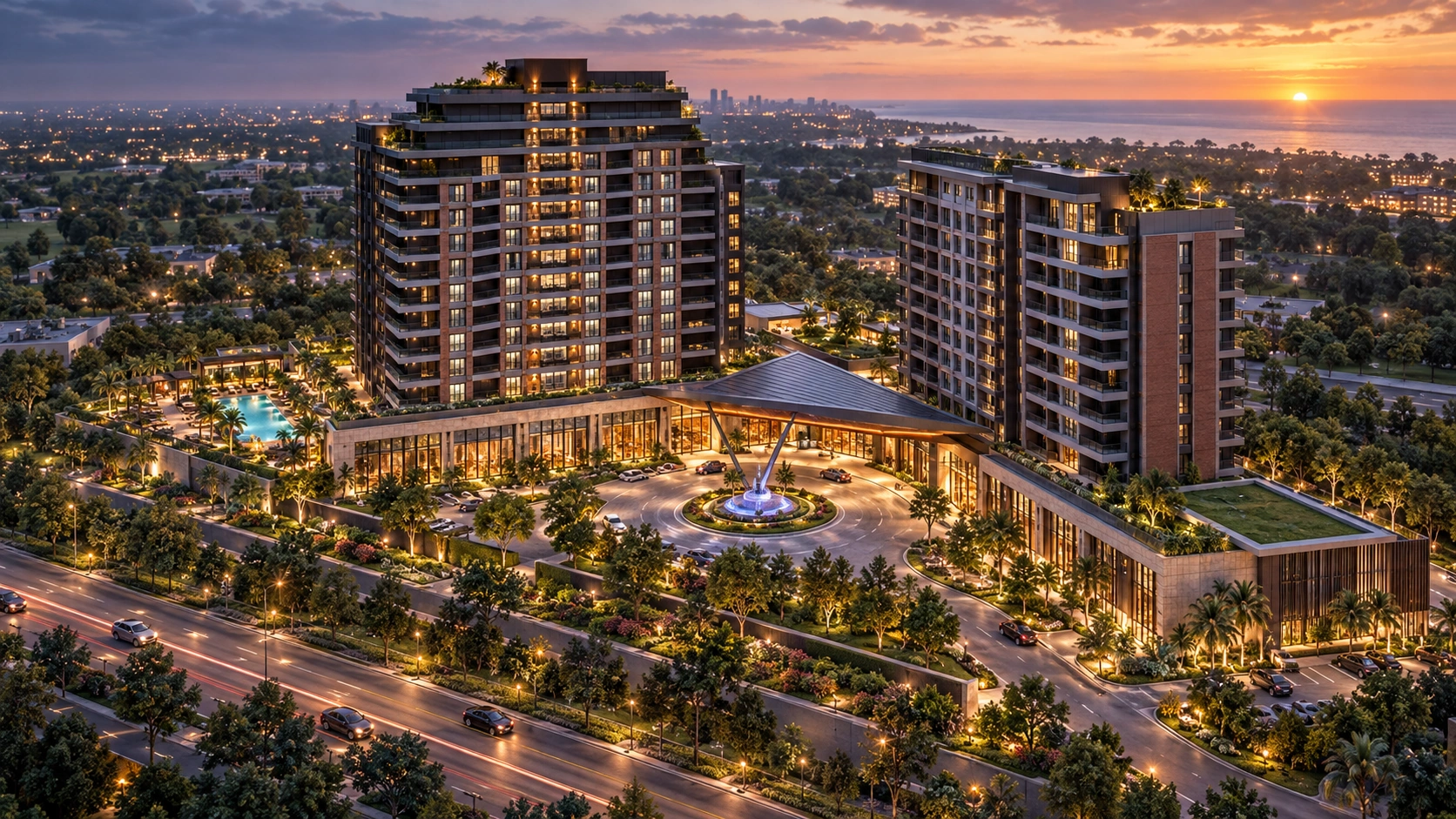 Dusk aerial view of the Tema World Marriott Hotel, its residential blocks and forecourt beside the coastal boulevard.