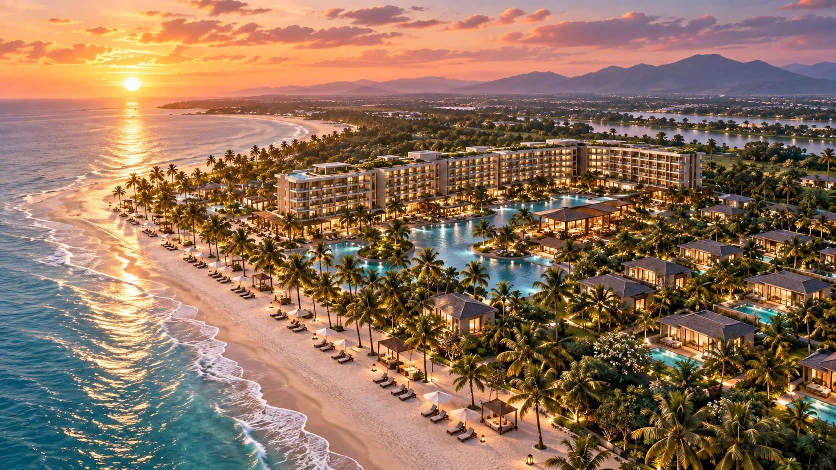 Dawn aerial view of the Grand Mercure Hoi An resort, its pools and villas along the beach.
